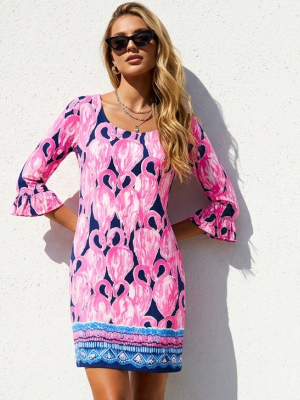 LILLY PULITZER Sophie Ruffle Dress Pink Flamingo High Tide Pink Blue Small